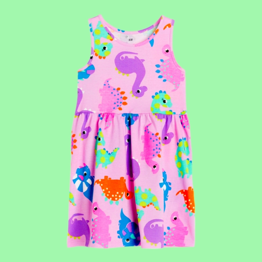 H&M Purple Cute Dinos Print Sleeveless dress 100% Cotton Airy & sting free NWT